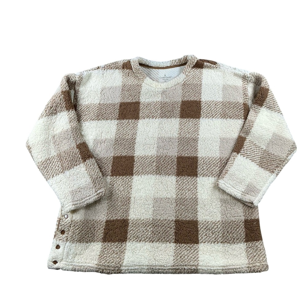 Cuddl Duds Womens XL Sherpa Fleece Pullover Plaid Snap Side Sweatshirt Brown
